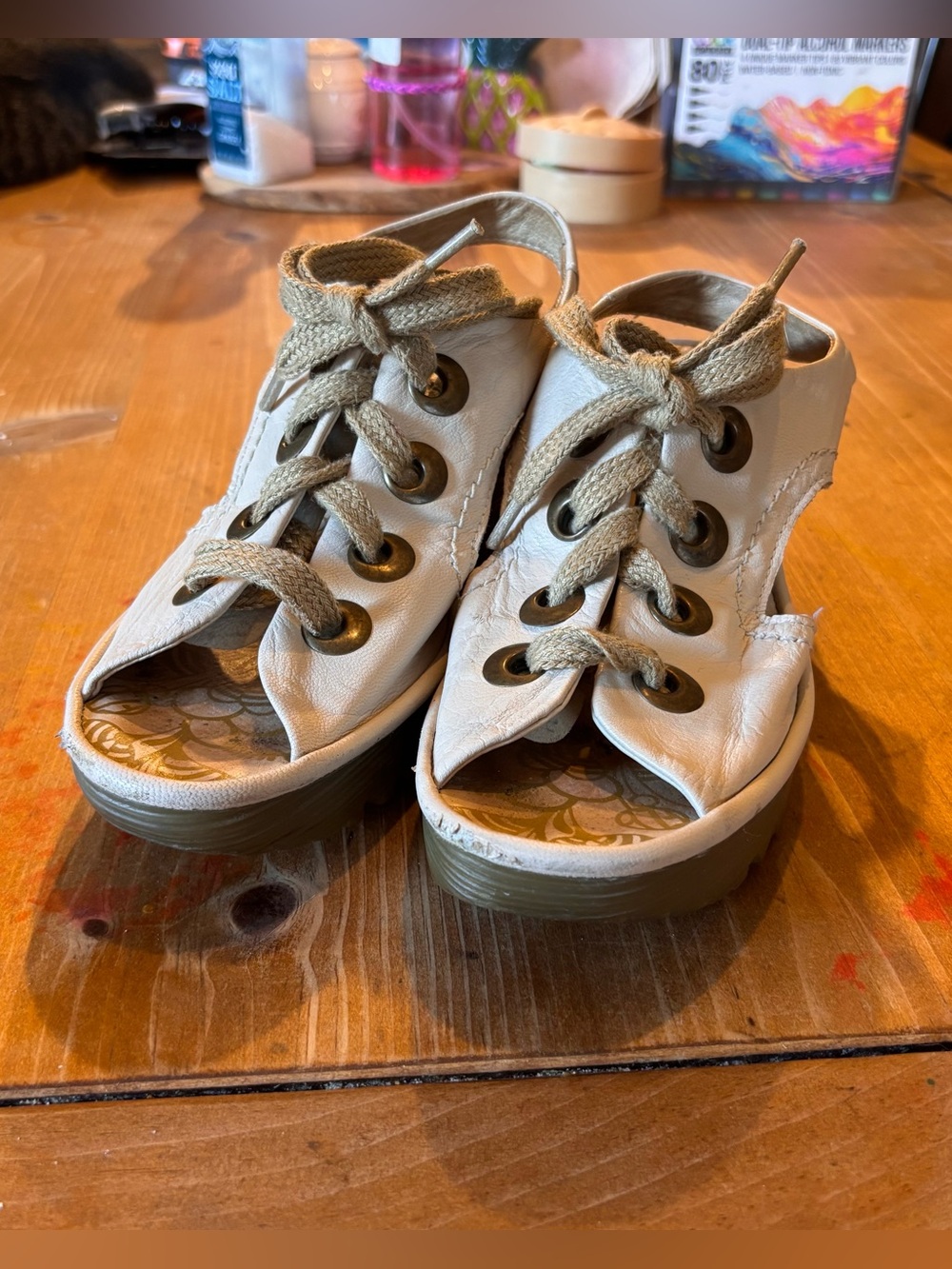 Fly London womens Ylva open toe leather platform wedge cream sandals 37 US 6.5-7
